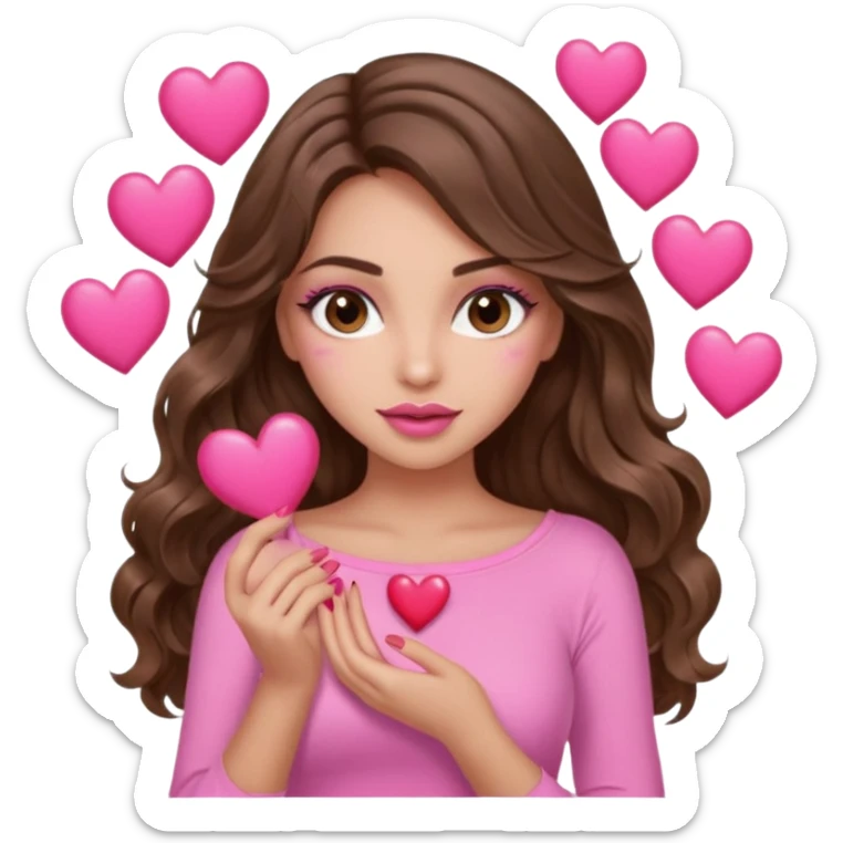 girl with long wavy brown hair, brown eyes, long lashes makeup, sexy pink lips, light to medium complexion, wearing a pink sexy top, many  hearts in hand sticker