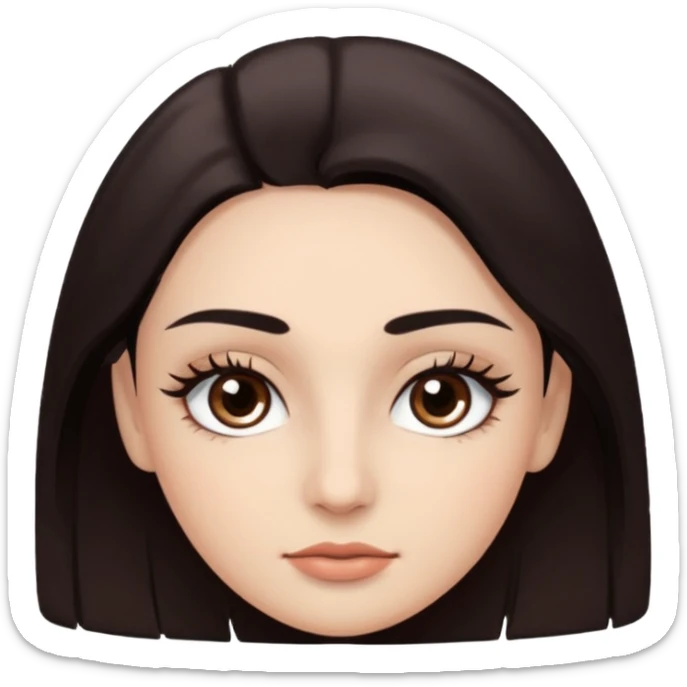 Rostro de forma ovalada con facciones delicadas. Ojos grandes y expresivos de color café oscuro, con pestañas largas y definidas. Cejas oscuras, pobladas y bien formadas. sticker