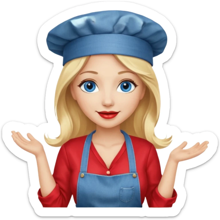 Beautiful, sexy,  long blonde hair, blue eyed, full red lips plunging v neck shirt, denim shorts, chef hat  sticker