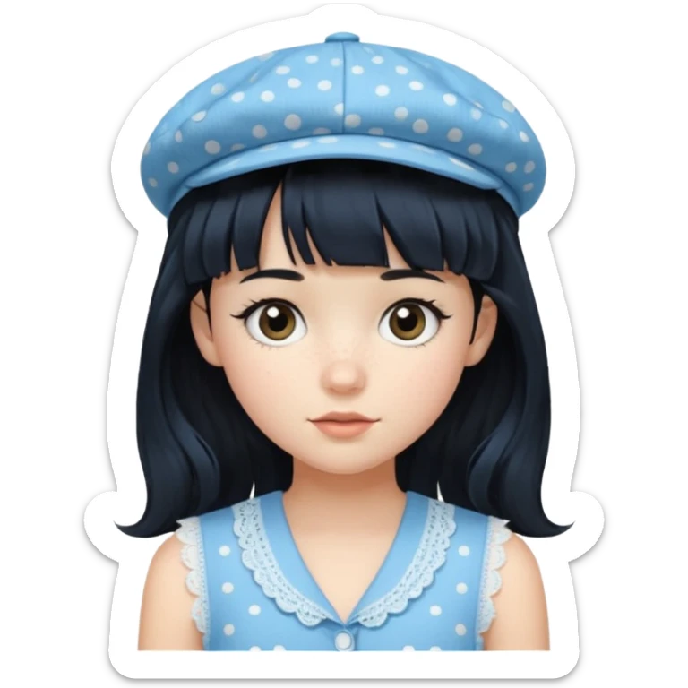 pinterst girl with heavy bang, black long hair and black pica dot newsboy cap on her hat, wearing baby blue color lace sleeveless  sticker