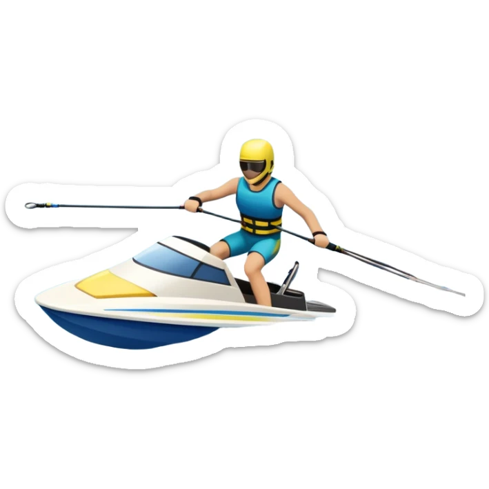 An icon showing water skis on the surface of the water, with ski ropes trailing behind. In the background, a boat fades into the distance, leaving a wake. The focus is on the skis gliding across the water. Transparent background highlights the thrill and speed of water skiing. sticker