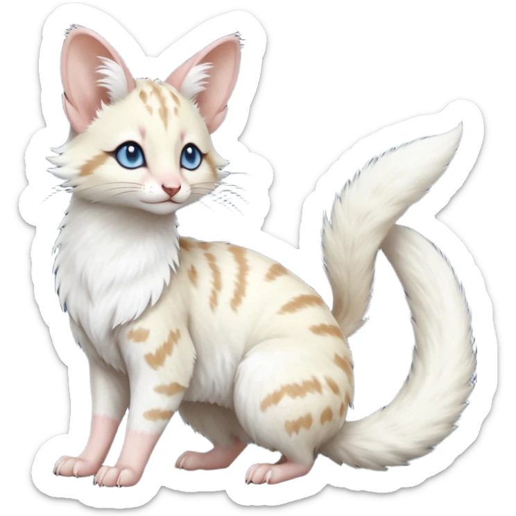 Albino-white, blue-eyed soft natural realistic romantic vintage antique divine beautiful elegant pretty precious cute young youthful  Fakémon-Pokémon-opossum-feline-mouse-serval-caracal-chinchilla-Minccino-Cinccino-Meowstic-rodent-hybrid-creature with a big fluffy bushy tail (full body) sticker