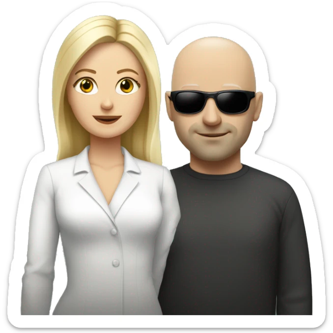 White woman with blonde hair wearing sunglasses, standing next to a bald white man  sticker