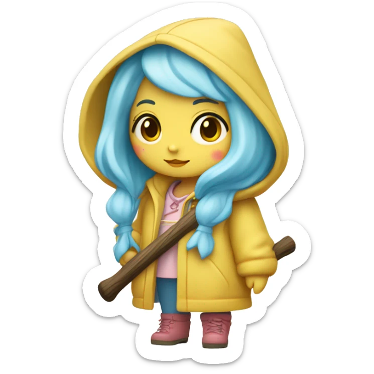 Cute little girl with light blue hair with peach skin, with yellow raincoat hooded with boots holding a wooden staff, with a cross necklace, Sanrio design sticker