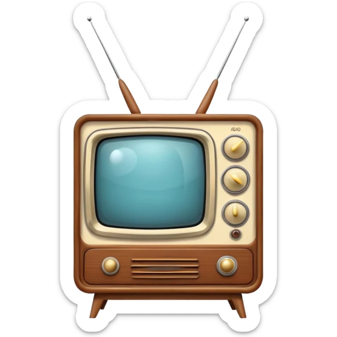 Vintage television from the 1960s with wooden cabinet, antenna, and round dials sticker