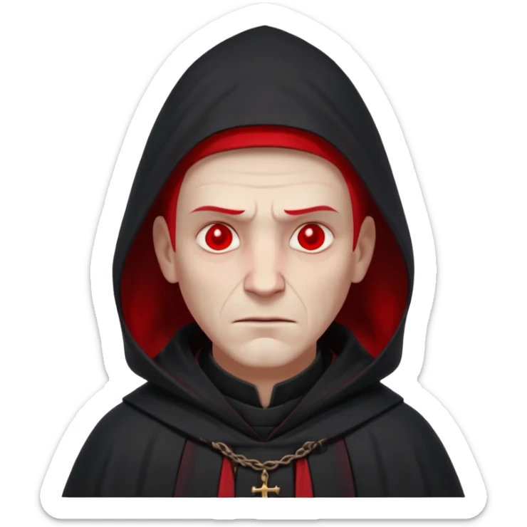 cursed village priest portrait, head and shoulders only, dark hooded robe, mysterious expression, subtle red accents, eerie glow, gothic village atmosphere, 3D cartoon, mobile game icon style, clean background, no text, no watermark

 sticker