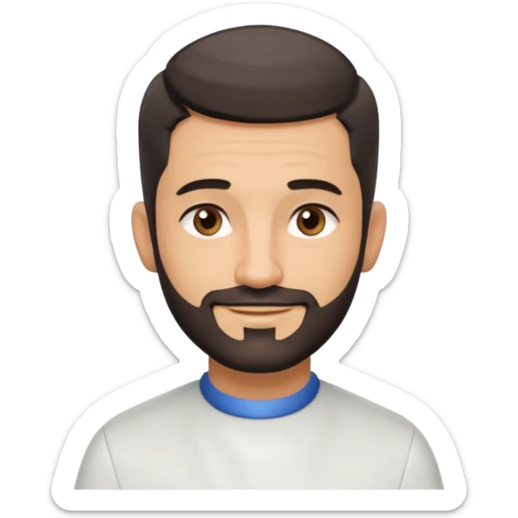 Apple-style 3D emoji of a male barber, dark graying straight hair styled forward in a crop haircut, light stubble beard, warm olive skin, brown eyes, friendly confident smile, slightly raised eyebrows, calm welcoming expression, soft studio lighting, clean background, high quality vector-like render sticker