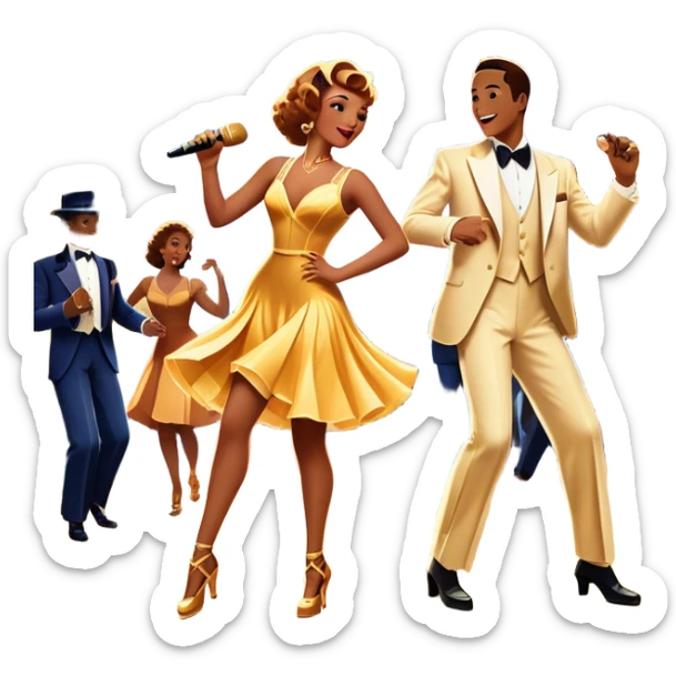 Vintage movie poster-style icon for a musical film. A vibrant street scene with bright lights, dancers mid-step, a singer with a microphone, and a jazz band playing. The cityscape glows in the background, evoking the golden era of musicals. Transparent background. sticker