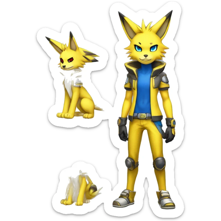 Yellow Shiny Colorful Anthro Edgy Cool Sonic-Zeraora-Renamon-Jolteon-Pokémon-Fakémon with shiny blue markings Full Body Detailed High Quality  sticker