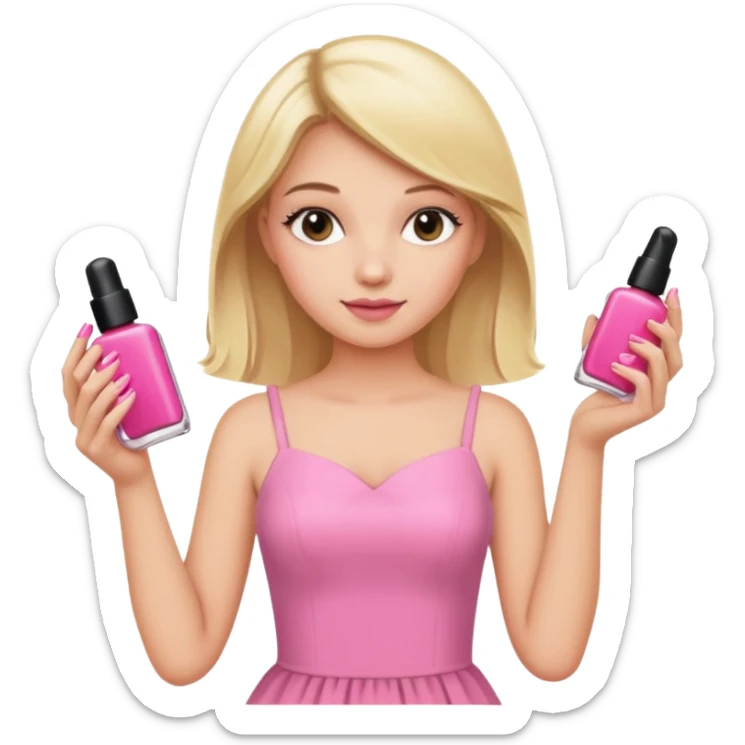 A blonde girl in pink holds nail polishes in her hand sticker