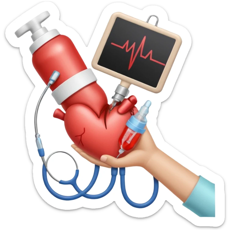 hand holding shape of a loveheart with background of stethescope, heel lancet, baby blood tubes, monitoring cables, baby bottle, cute scrapbooking paper,  sticker