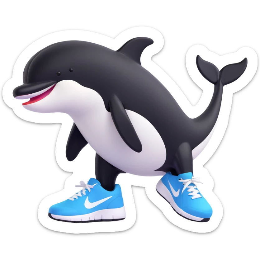 full body playful orca wearing black and white Nike sneakers, focus on shoes, clean background sticker