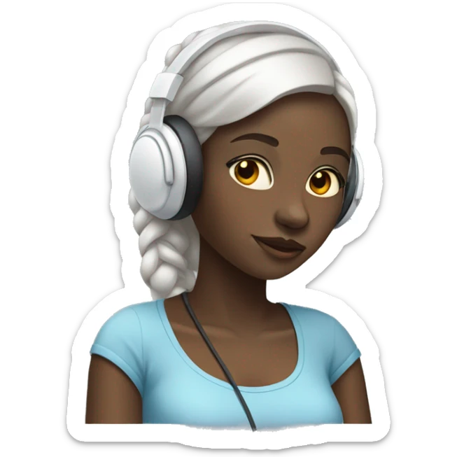 African girl. Wearing white headphones. Listening to music. Wearing a light blue shirt. sticker