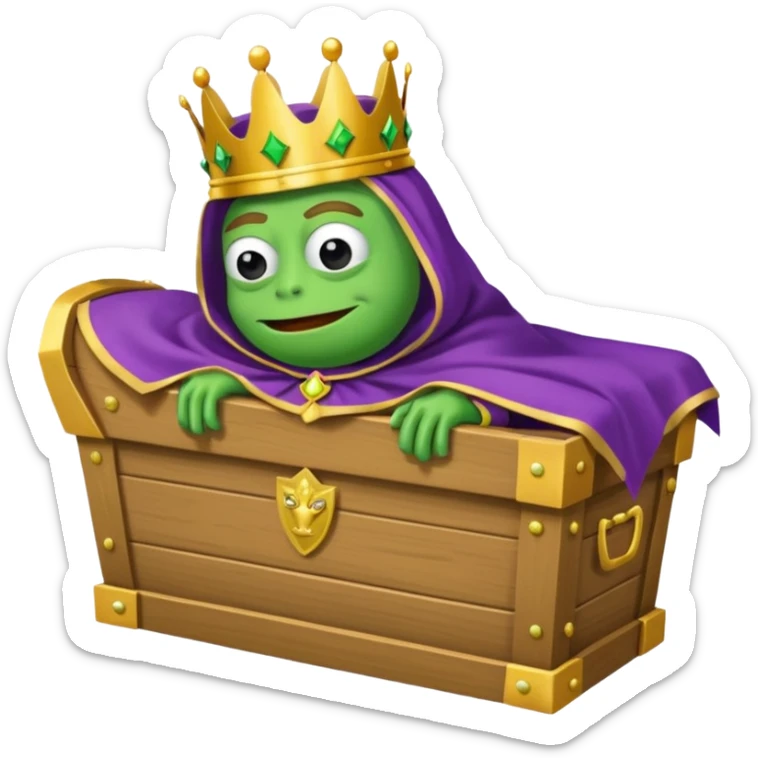 Emoji of an empty wooden coffin labeled ‘ECHO,’ being nailed shut by a king-like Pepe the Frog wearing a crown and cape sticker