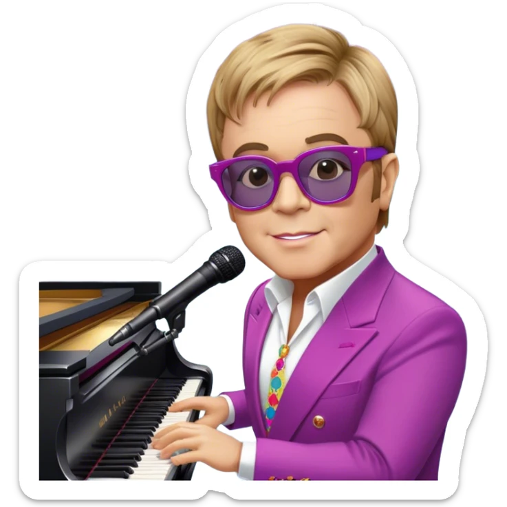 Pop music icon: Elton John at the piano in signature glasses and colorful outfit, George Michael holding a microphone in stylish attire. Stage lights and musical notes in the background. Transparent background. sticker