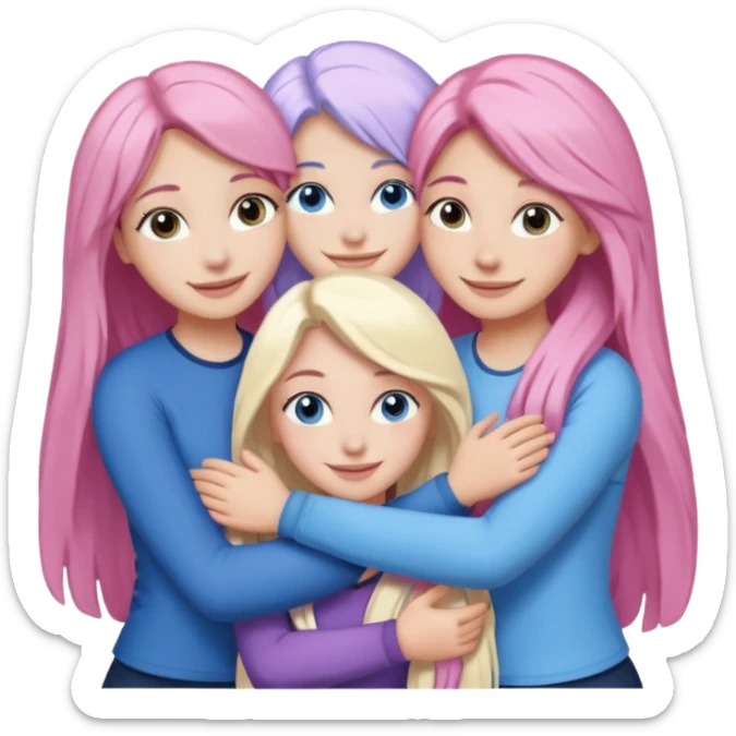 four white grips hugging and smiling    2 girls with brown eyes and long dark brown hair. One girl with long light pink hair and blue eyes, one girl with blue eyes and light blonde hair sticker