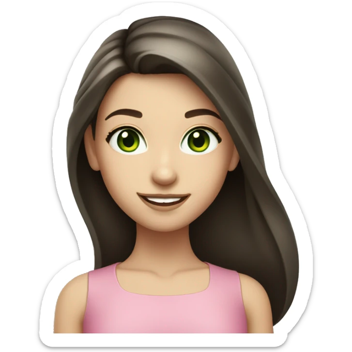 Caucasian smiling girl with long dark brown hair and green eyes and a round face and pink lips sticker