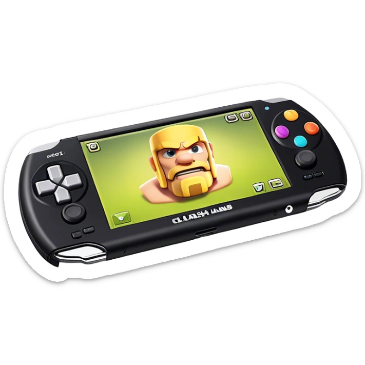 Clash of Clans aesthetic: Cinematic Playful PlayStation Portable (PSP) Portrait Emoji, rendered in a 3D vector-style similar to standard emojis with minimal shading and bold, simplified shapes. A compact, distinct form with signature details, softly glowing with a cutting-edge console technology charm. Simplified yet unmistakably iconic, highly detailed and consistent, glowing with a soft radiance and high shine. Stylized with a touch of technological advancement and a soft glowing outline, capturing the essence of a beloved gaming relic with a friendly, playful manner! sticker