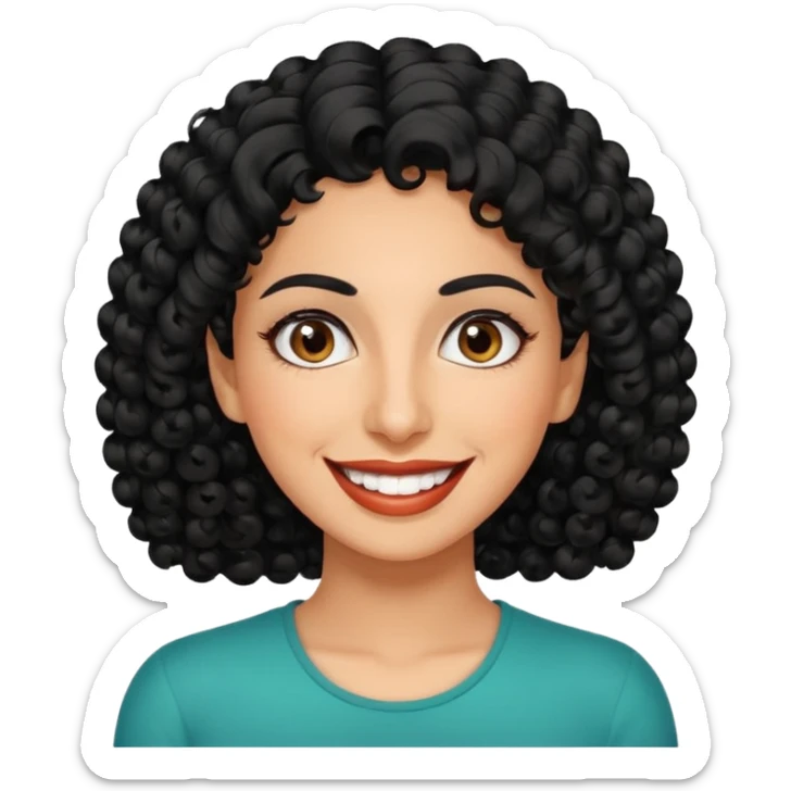 30 year old iranian woman very short curly black hair, big brown eyes, tanned skin, big smile, white teeth, pretty, stylish sticker