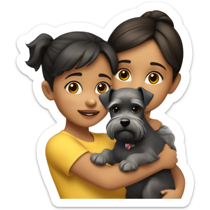 A tweety four-year-old girl with dark hair and brown eyes in a light brown T-shirt and black leggings hugs a gray miniature Schnauzer dog sticker