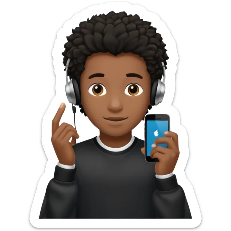 Faça um garoto adolescente de cabelo cacheado preto médio sorrindo, com fones de ouvido Bluetooth e um moletom branco sticker