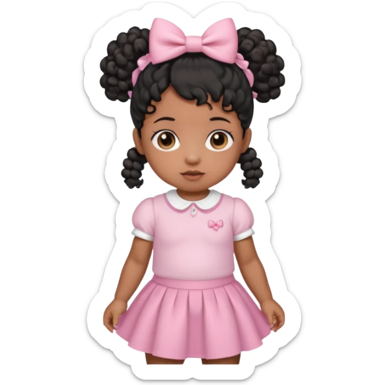 a brown skin baby with curly hair and a baby pink skirt and baby pink bows with her hair in pigtails and black hair sticker