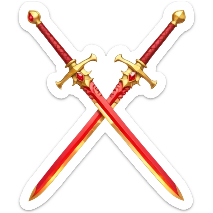 Two crossed swords that are golden in blade and handle and have fiery and royal appearence to them as well as red gem stones sticker