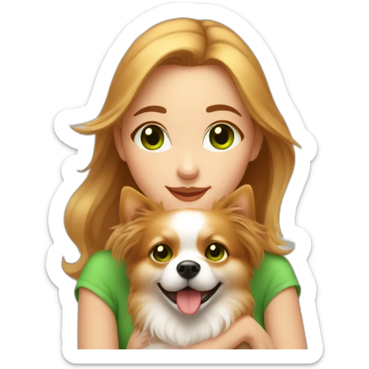highlighted hair girl with green eyes, hugs her pomeranian dog, red sticker