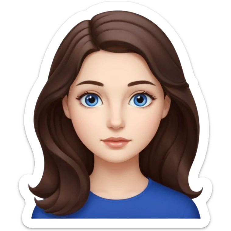 Realistic Student Portrait, with porcelain-like skin featuring a natural rosy flush, illuminated by soft lighting that highlights the gentle contours of her face. Her Brunette hair flows in soft, Her deep blue eyes radiate warmth and innocence, framed by arched brows and long lashes. sticker