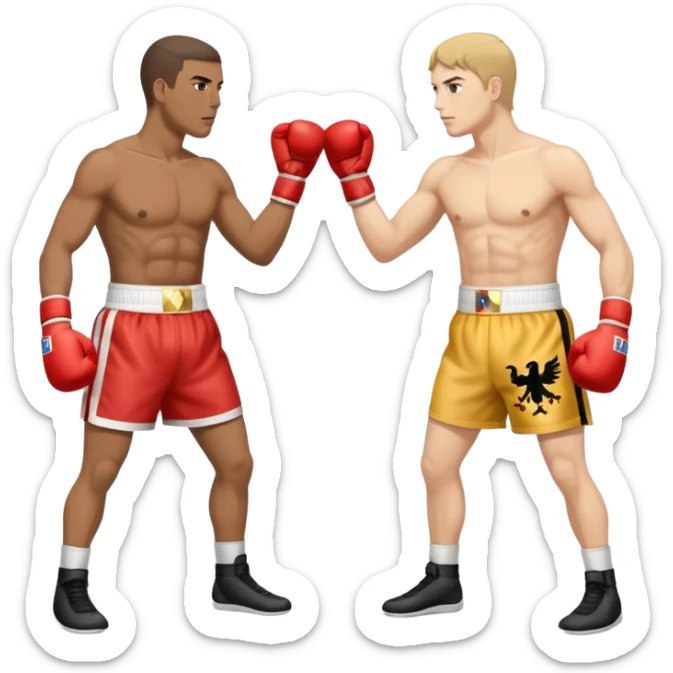 a sideways view of two boxers squaring up, one should have the flag of the HRE as his short while the other the Kingdom of Bohemia sticker