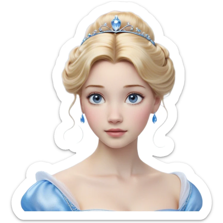 Cinematic Realistic Cinderella Portrait, depicted with lifelike skin texture, subtle rosy undertones, and soft natural lighting that enhances the gentle contours of her face. Her intricately detailed golden blonde hair is elegantly styled in an updo, with delicate wisps framing her face. Her deep, expressive blue eyes radiate warmth and sincerity, reflecting a quiet resilience and grace. She holds a glass slipper gently in one hand, her other hand resting gracefully at her side, emphasizing the timeless beauty of the moment. She is dressed in her iconic ball gown, the fabric shimmering with intricate embroidery and fine translucent layers that catch the light beautifully. The soft sheen of satin gloves adds a magical touch to her graceful pose. The portrait features an enchanting glow with a natural, luminous finish, seamlessly blending realism and fairytale charm to evoke a sense of depth, elegance, and timeless beauty. sticker