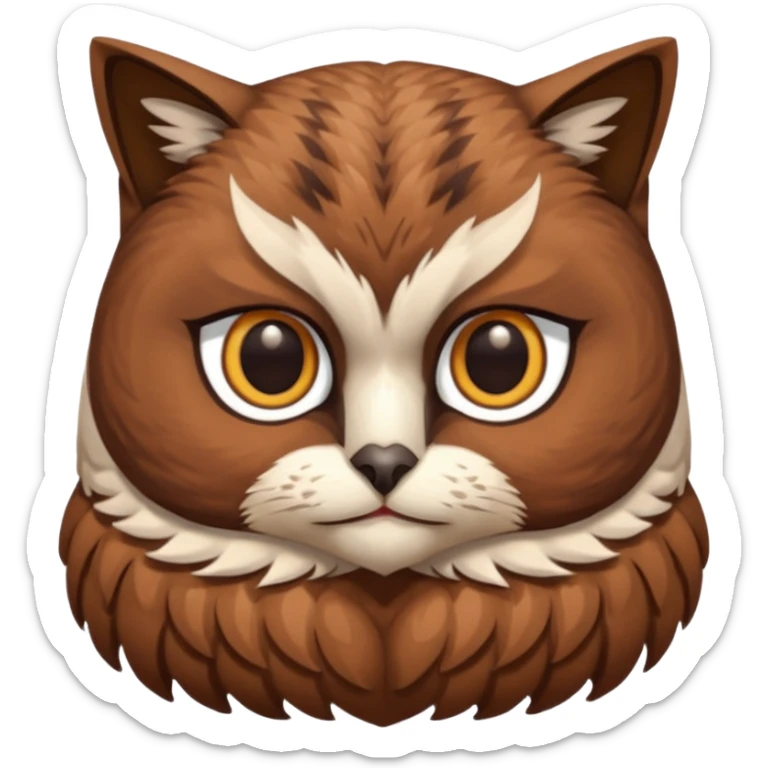 An cats head with a brown on top of the head of the cat the cats head infused with an white owls body with brown wings sticker