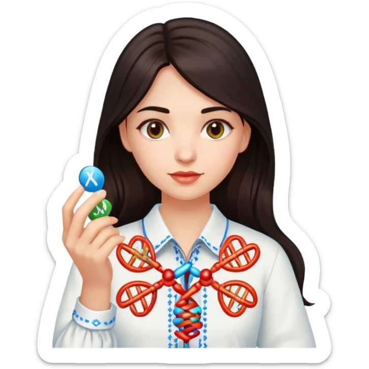 Ukrainian girl with dark hair in an embroidered traditional shirt holds a DNA molecule in her hand sticker