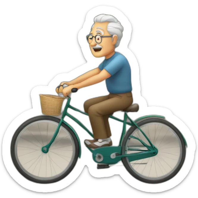 Abuelo muy gordo. sin barba. con una boina en la cabeza. pedaleando con una bicicleta antigua. con cara de cansado. sticker
