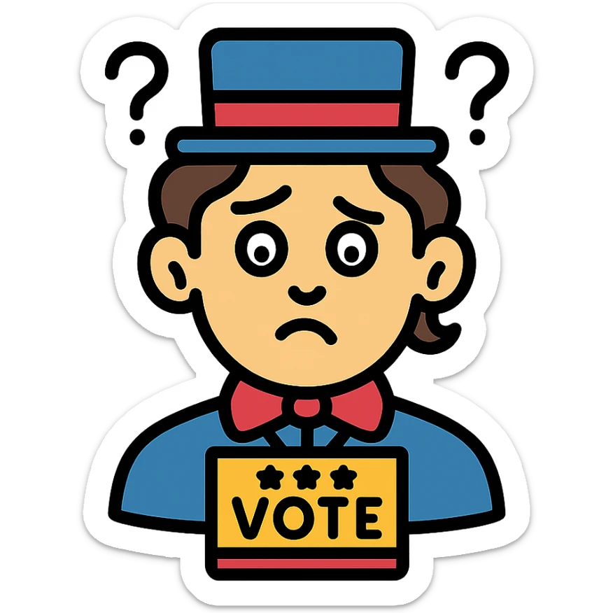 color outline icon of a confused face, 1840s election theme, period details sticker