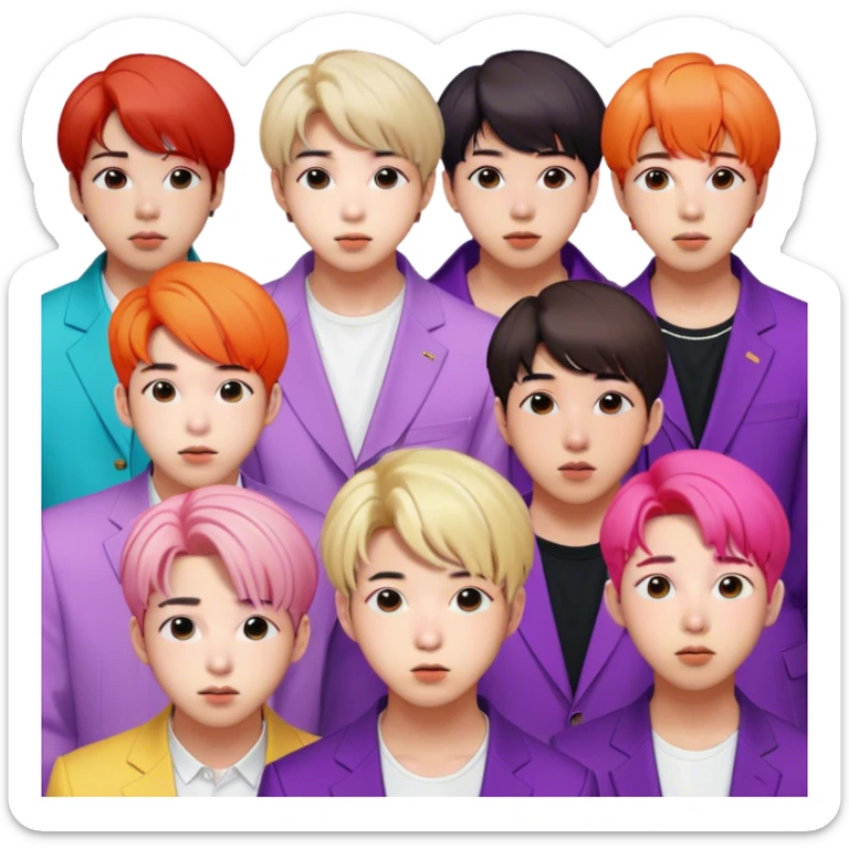 Cinematic Realistic group portrait of BTS featuring all 7 members in stylish modern attire, with detailed facial expressions and vibrant colors, captured in dynamic, contemporary lighting that emphasizes their global pop icon status sticker