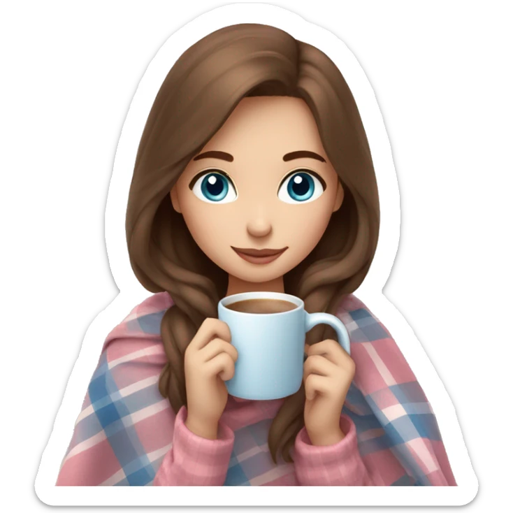 cute brown hair girl with blue eyes wrapped in pastel pink plaid blanket drinking coffee sticker