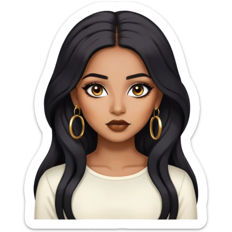 indian girl, brown skin, long black voluminous hair, brown underneath colored hair, baddie,pretty, makeup, lipliner, black eyeliner, gold hoop earrings, white top sticker