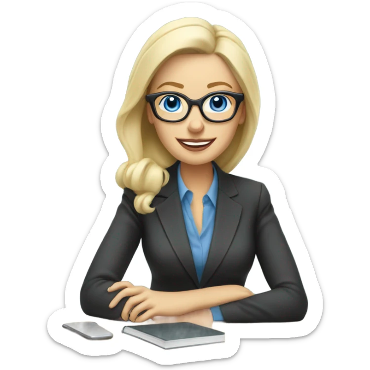 Corporate blonde boss lady with glasses happy blue eyes sitting at a desk drinking coffee  sticker
