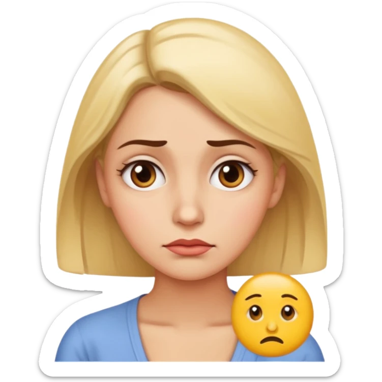 30s woman with youthful appearance, caring about self-management, worried expression, pondering why she can't find a suitable marriage partner, emoji style sticker
