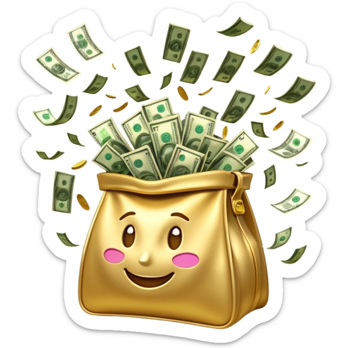 

3D emoji style, big bag of money, flying dollar bills, rich casino vibe, smooth lighting, high detail, clean edges, transparent background



 sticker