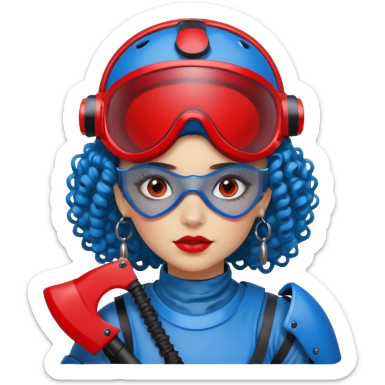 blue curly haired girl with huge earrings wearing red paintball helmet with eye protection, only face  sticker