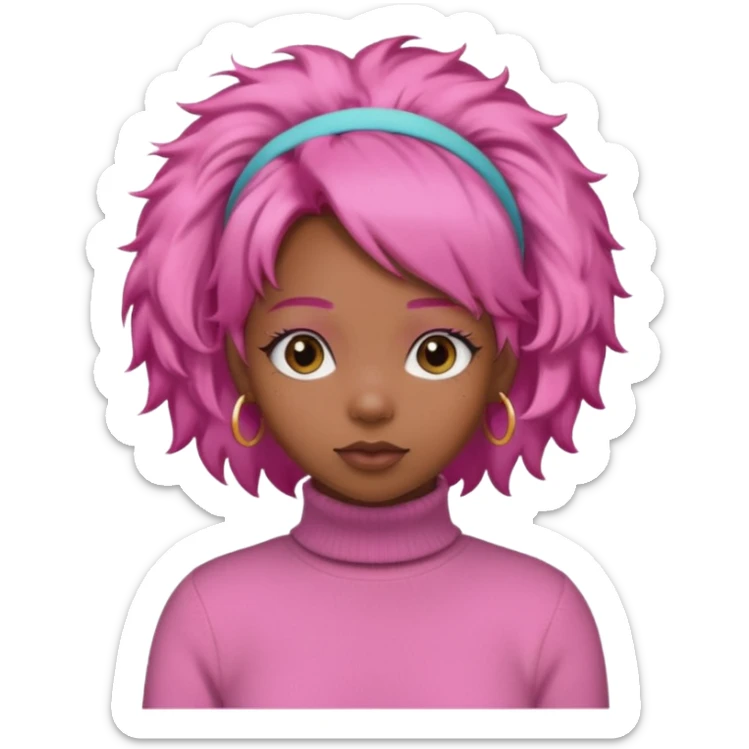 black fluffy haired girl with pink turtleneck sweater and pink hair band sticker