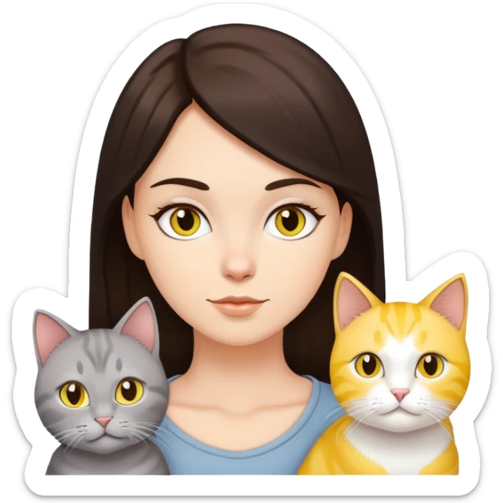 white girl wirh dark brown hair with 2 yellow cats and one light grey cat sticker
