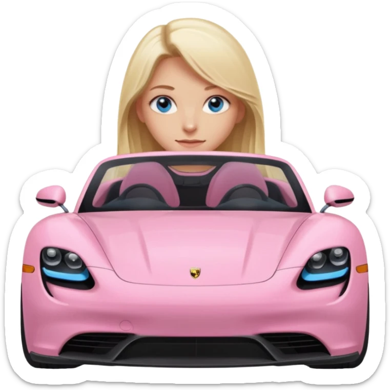 pink Porsche taycan with blonde girl, long hair, blue eyes, sitting in the car, front view point of view, no sunglasses sticker