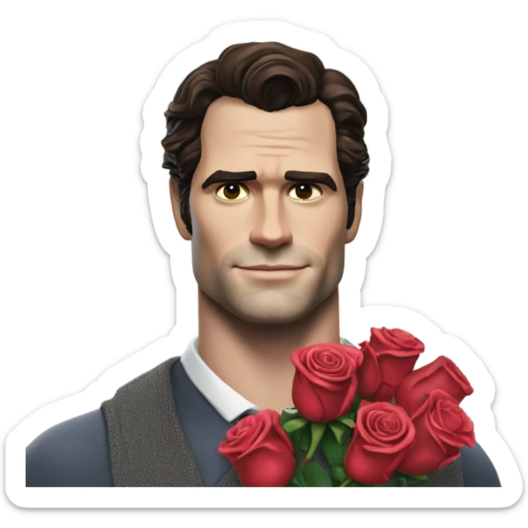 realistic photo of Henry Cavill holding roses and chocolates sticker