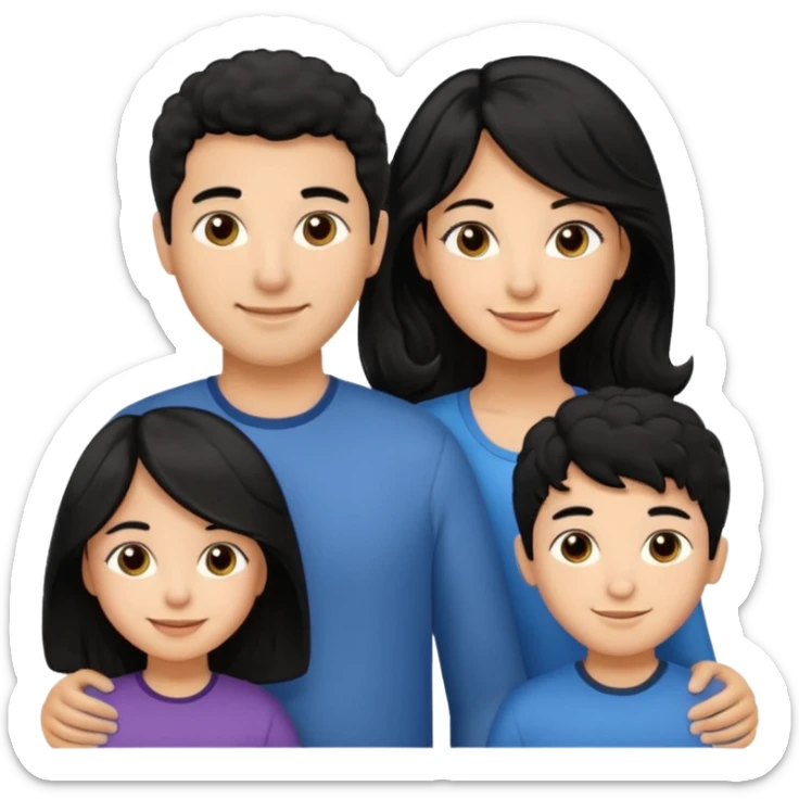 Hispanic family of five smiling: mom with long straight hair, dad with short curly hair, two boys with matching short hair, and a girl with long straight hair sticker