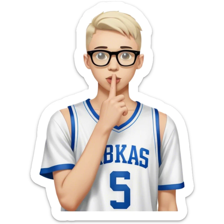 a man with glasses holding his finger to his lips, techwear fashion, at a fashion shoot, white: 0.5, fornite, wearing nba jersey, censored, maxim sukharev, official vuitton editorial, skinny caucasian young man, secrets, editorial photo, discord profile picture, swat sticker