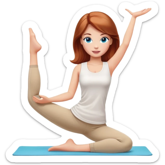A Barbie girl with blue eyes, shoulder-length reddish-brown hair, made-up, wearing a white T-shirt and beige leggings, does yoga sticker