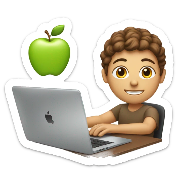white person with brown hair in front of apple laptop on desk sticker